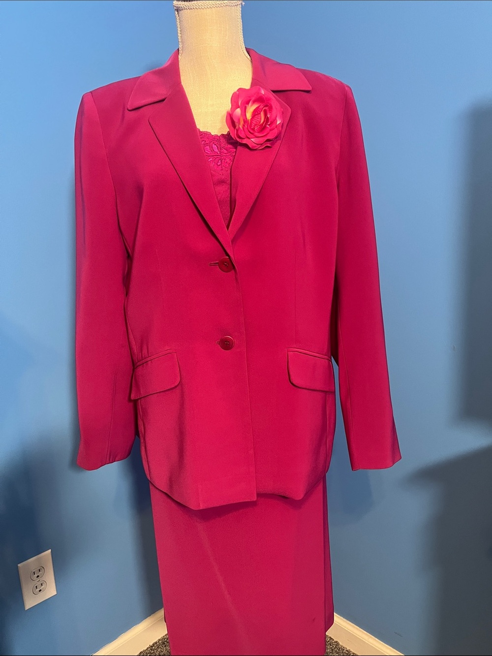 Women's Fuchsia Three-Piece Suit with Skirt, Jacket, and Camisole, Size 16